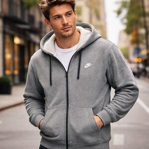 Nike Hoodie Mens Medium Gray Sherpa Lined Full Zip Sweatshirt Fleece Swoosh Logo